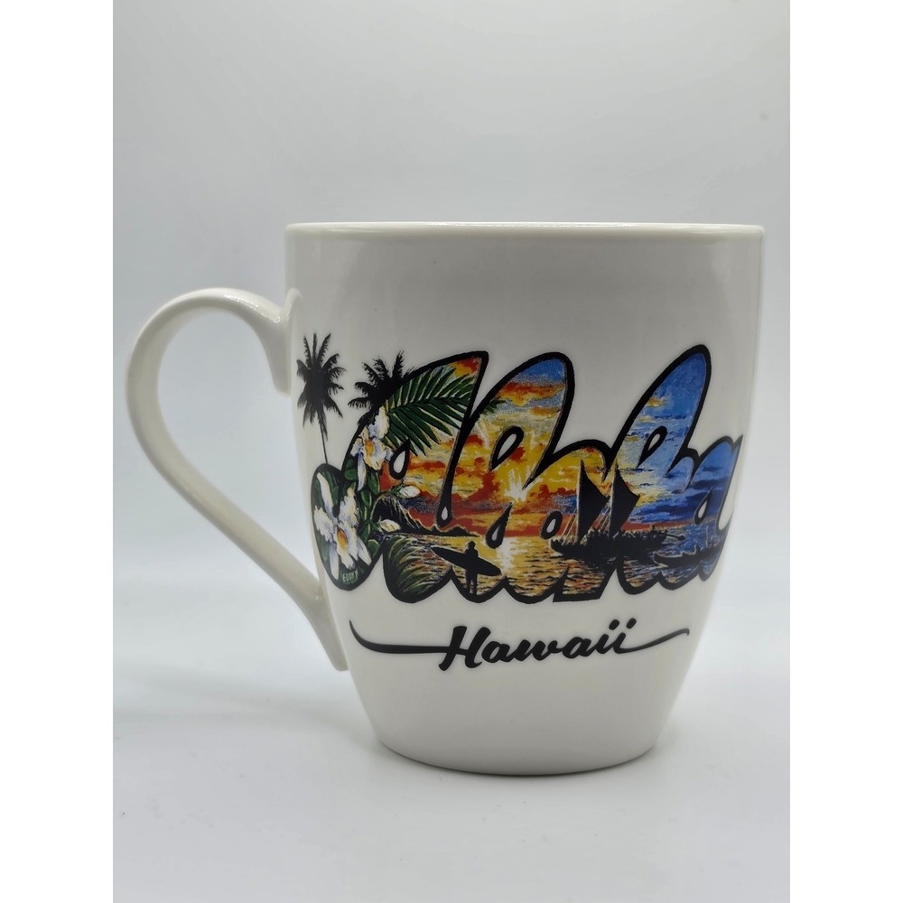 Island Heritage ALOHA Hawaii Coffee Cup Mug Ocean Palms 18 fl oz Eddy Y Artwork